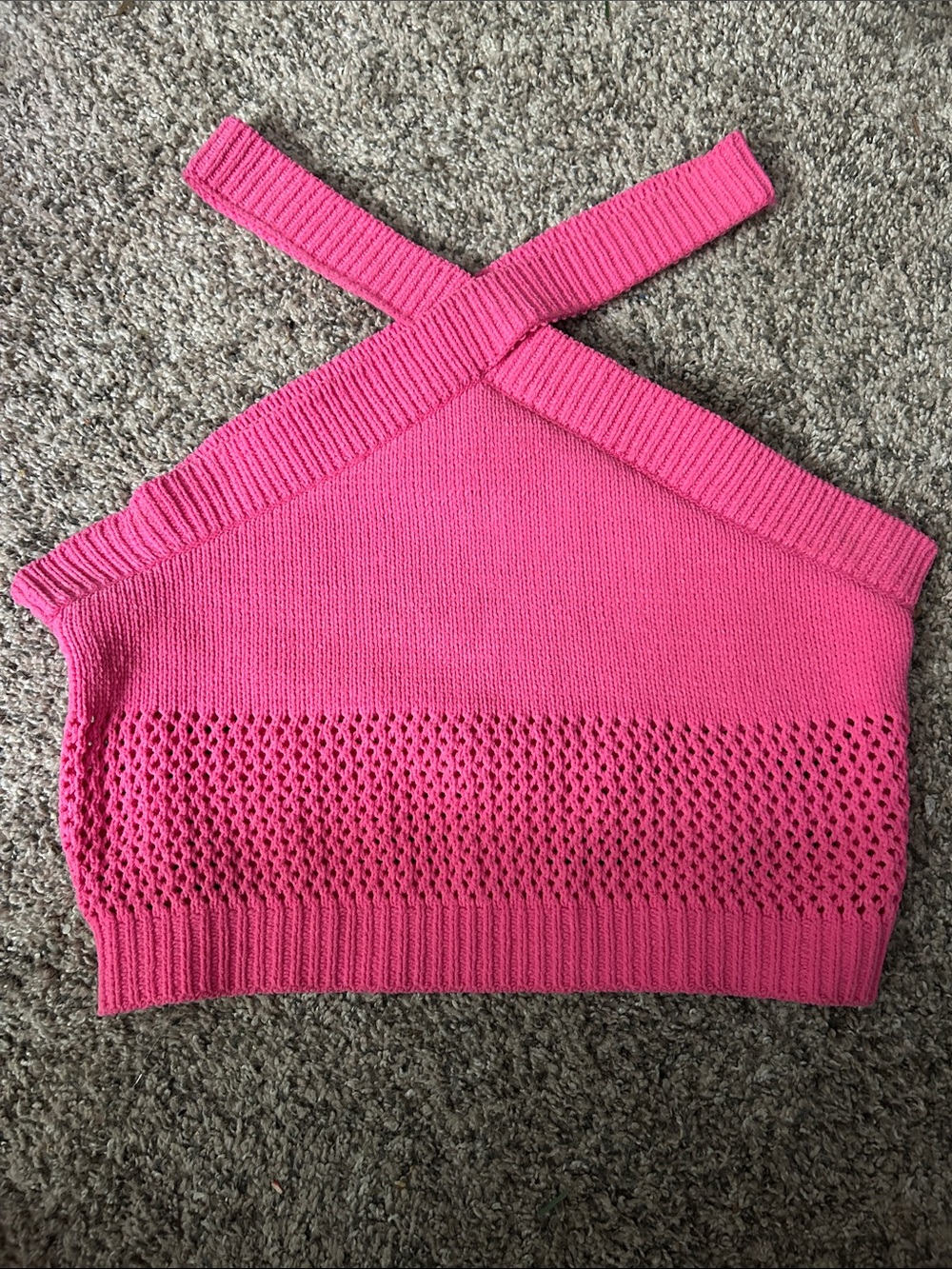 Zara Bright Pink Open-Knit Halter Top, Size S, 15 PTP